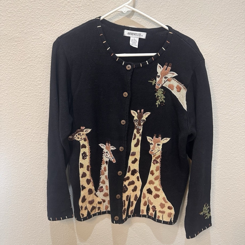 Vtg Arriviste Safari Giraffe Cardigan Sweater L Beaded Sequins Teacher Artsy